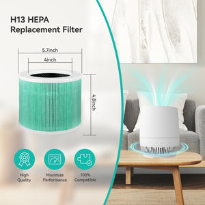 FETIONS H13 True HEPA Filter Replacement，Small Air Purifier Replacement Filter with 3-Stage Filtration System，Green, 2 Pack